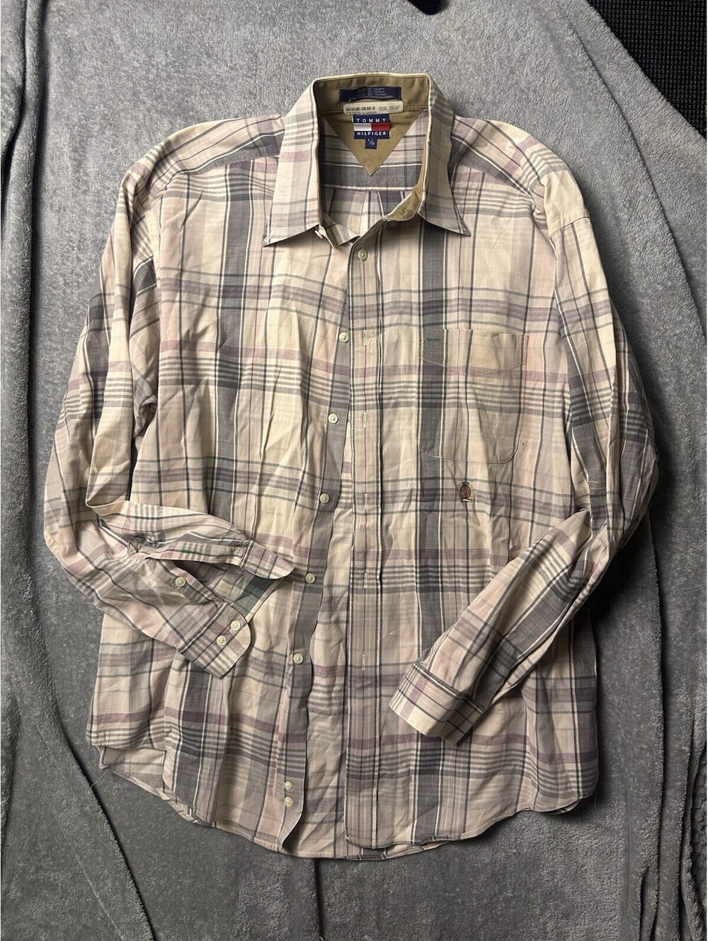 Vintage Tommy Hilfiger Shirt Mens L Plaid Button Up Crest Logo 90s Preppy